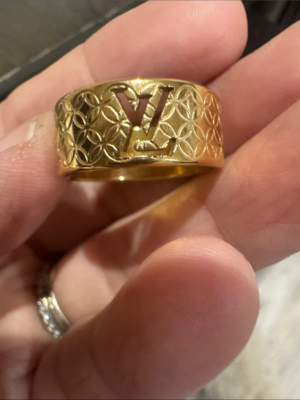 Louis Vuitton Gold Embossed Monogram Wide Band Ring